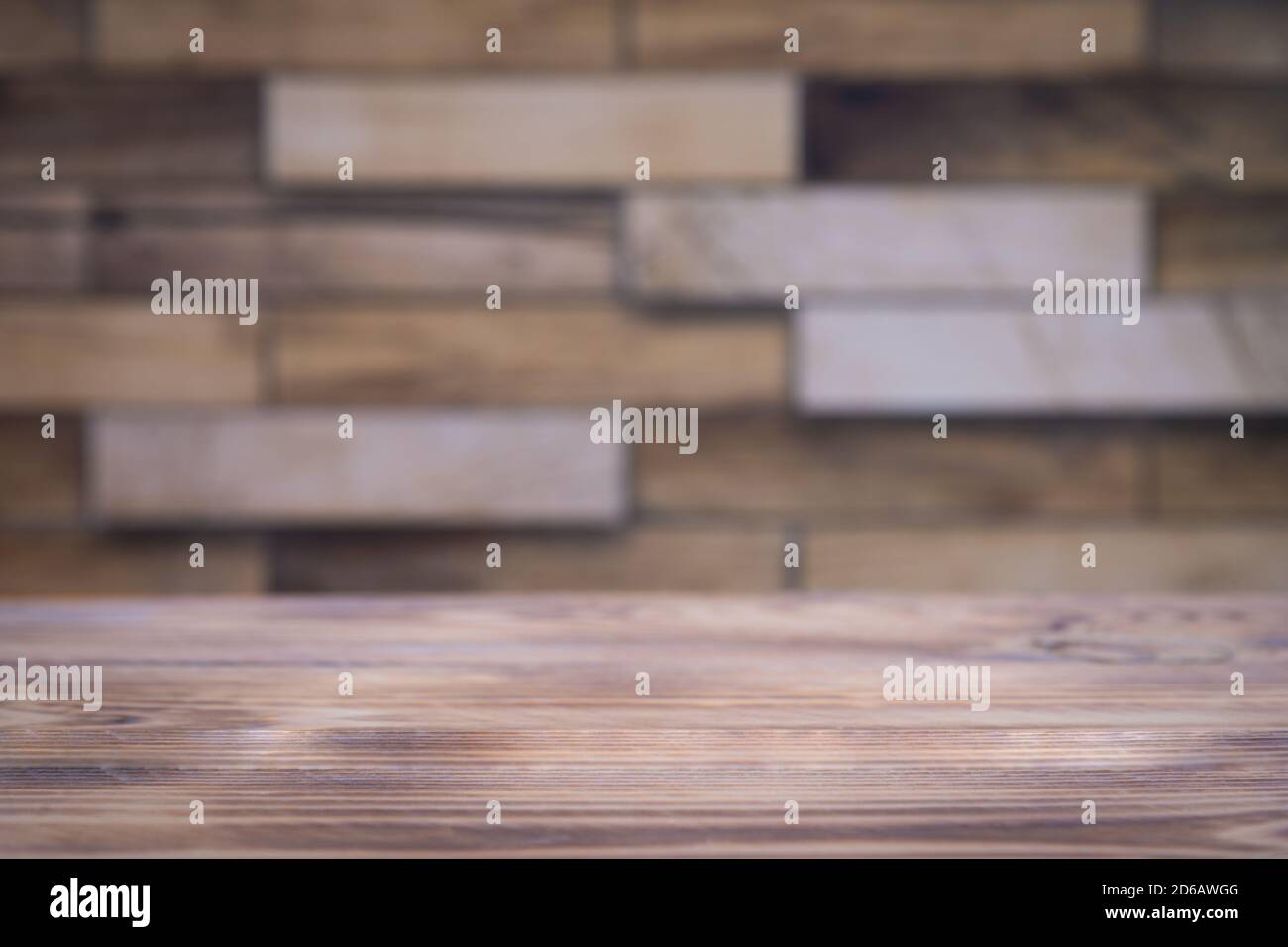 empty wooden table and brick wall for product display Stock Photo