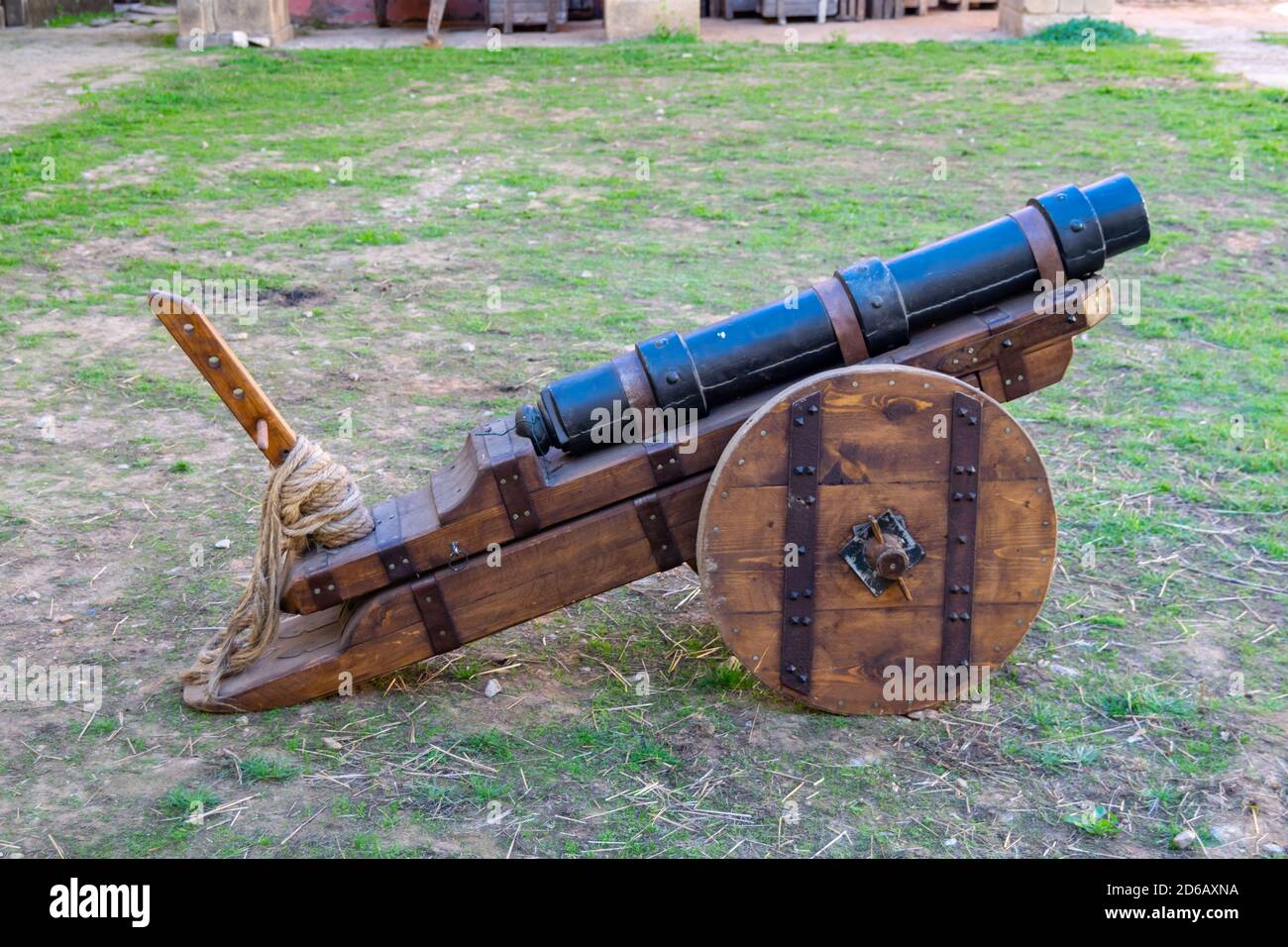Ancient portable cannon used in filmmaking battles for recreations Stock Photo