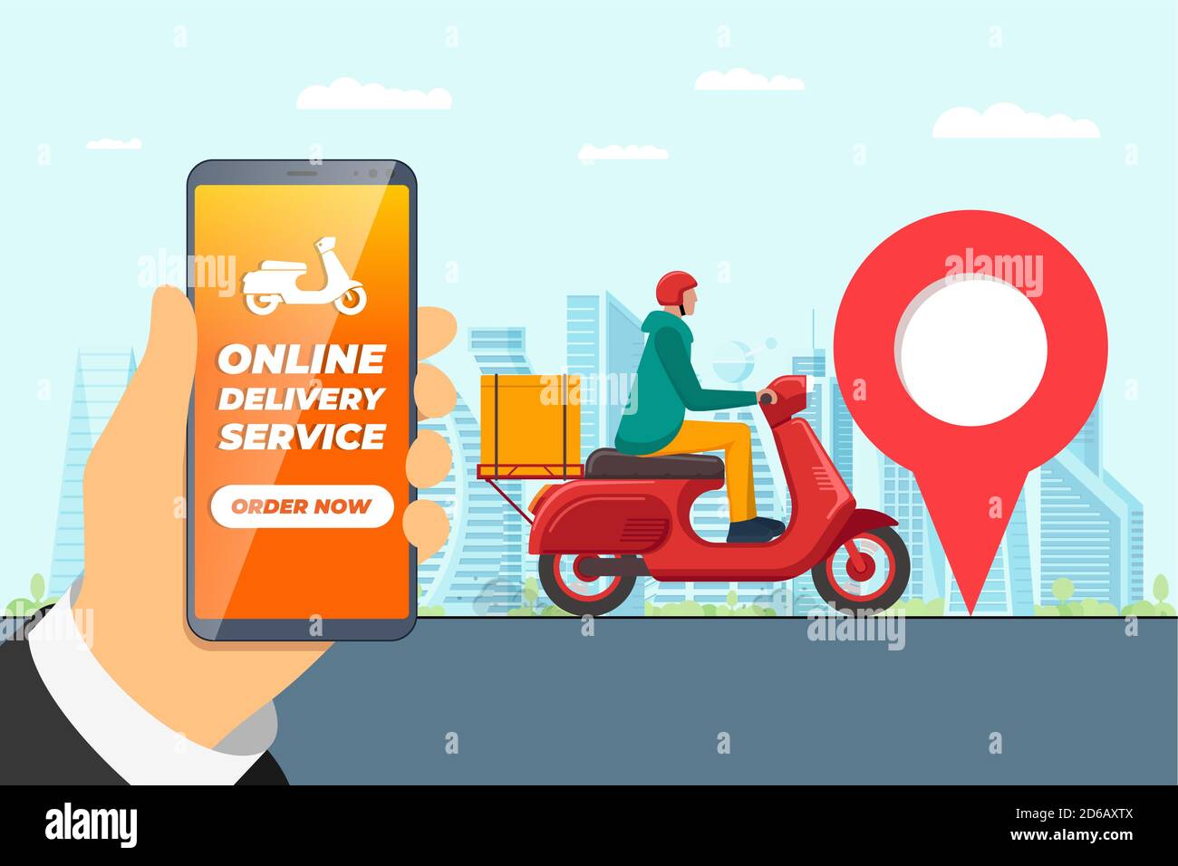 Safe contactless delivery service app concept. Boy courier in motorbike helmet on scooter moped delivering package box. Online ordering mobile application on cityscape and location pin illustration Stock Vector