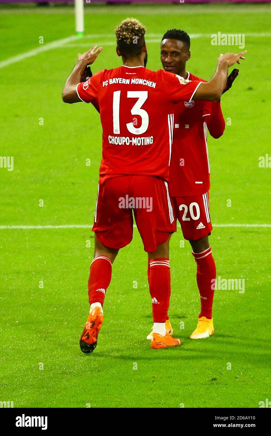 Muenchen, Germany October 15, 2020: DFB Pokal - 20/21 - 1. FC Dueren vs. FC  Bayern Munich from left Eric Maxim Choupo-Moting (FC Bayern Munich),  celebrates after his goal to 0: 1