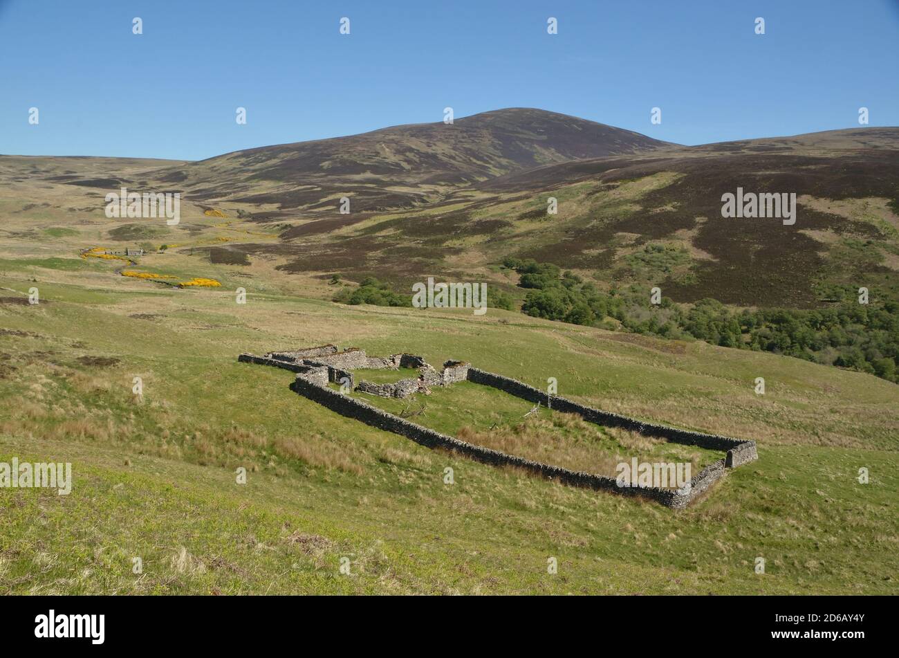 The remains of old farm buildings and enclosures in a now uninhabited
