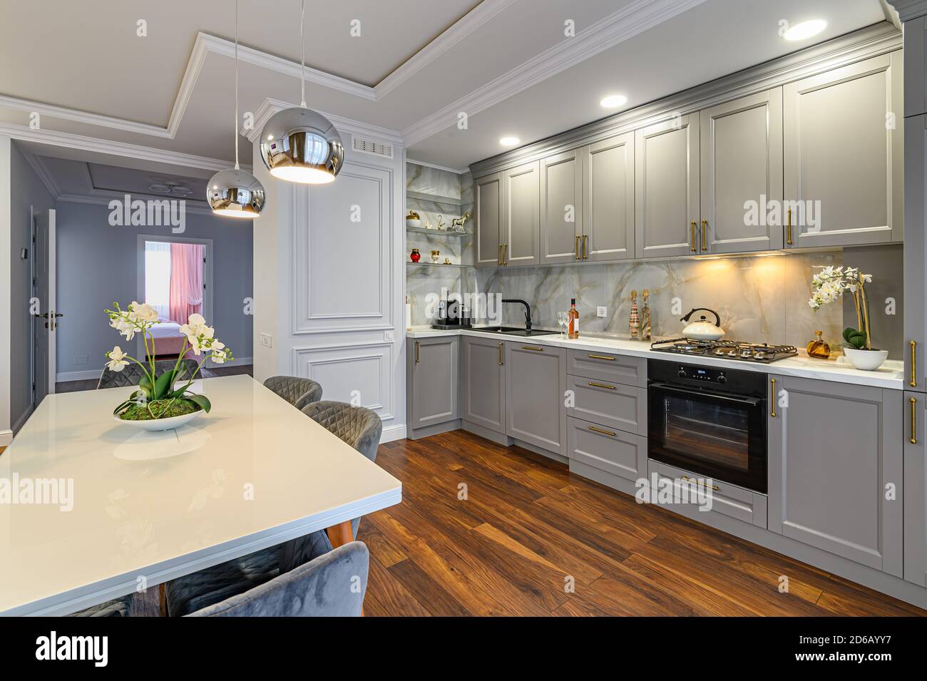Grey and white luxury kitchen in modern style Stock Photo - Alamy