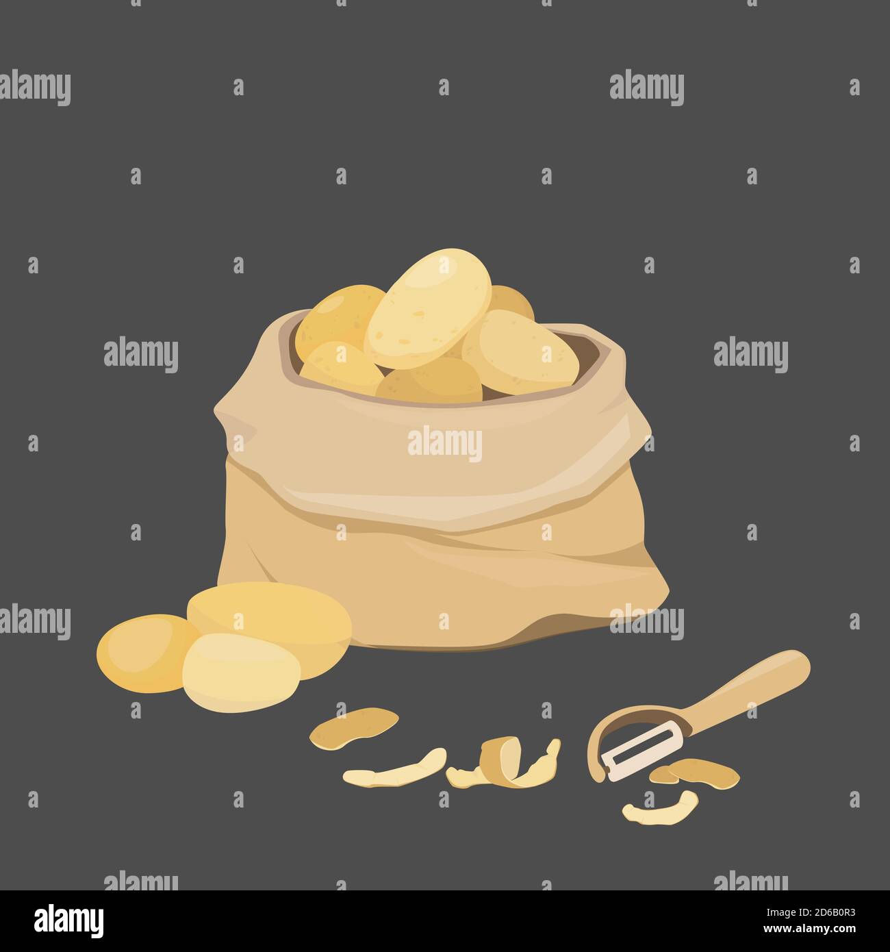 A bag of potatoes, potato peels, peeler. Vector flat illustration Stock