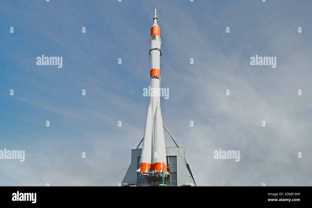 Real spacecraft as monument in Samara, Russia. The Monument of Russian space transport rocket. Stock Photo