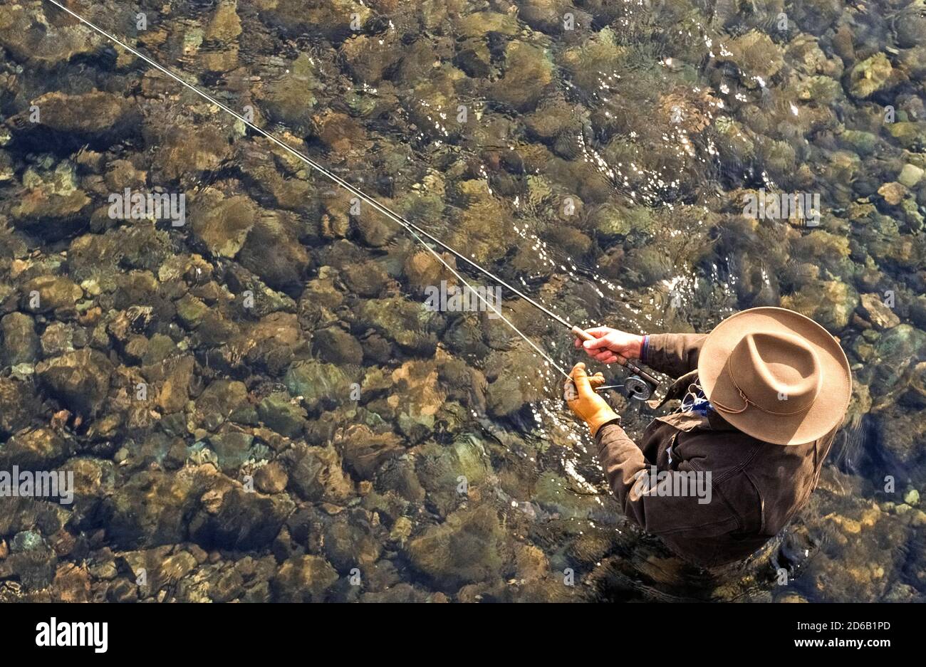 Viewed from overhead is a fly fisherman standing in the crystal-clear water of a mountain river near Sun Valley, Idaho, USA. Anglers especially enjoy casting with their fly rods into the clean freshwater streams and rivers to catch cutthroat, rainbow and other trout species that are plentiful in this scenic northwestern state. Stock Photo