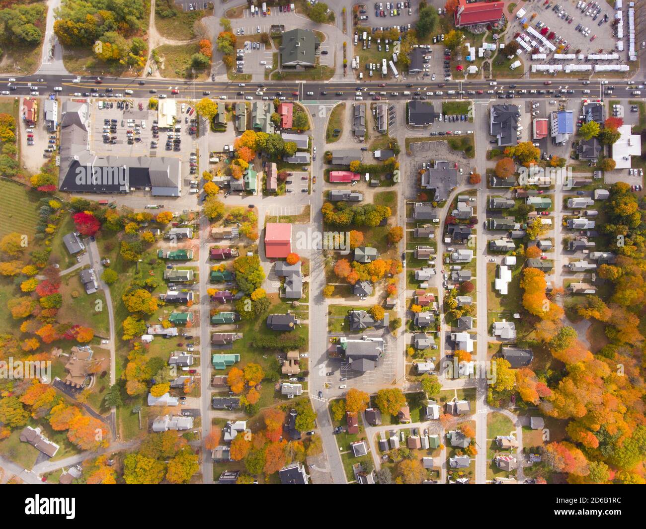 Lincoln Main Street at town center on Kancamagus Highway top view with fall foliage, Town of Lincoln, New Hampshire NH, USA. Stock Photo