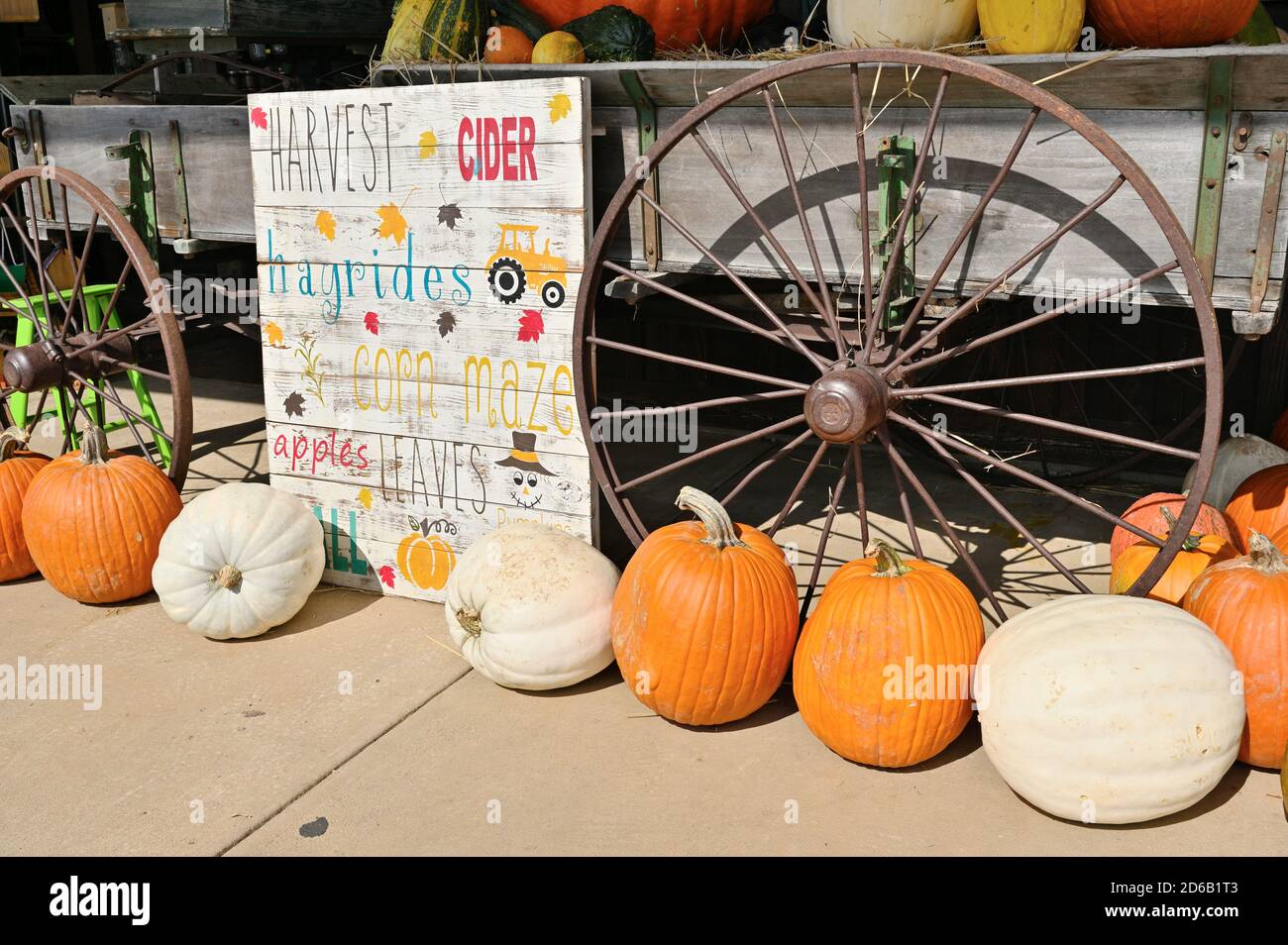Pumpkins and gourds on display in front of an old wagon with a sign indicating the Fall or Autumn season is upon us in Alabama, USA. Stock Photo