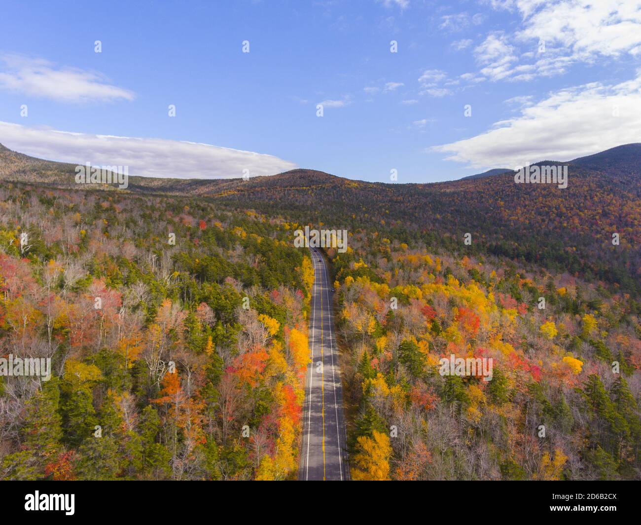 White Mountain National Forest fall foliage on Kancamagus Highway near Hancock Notch aerial view, Town of Lincoln, New Hampshire NH, USA. Stock Photo