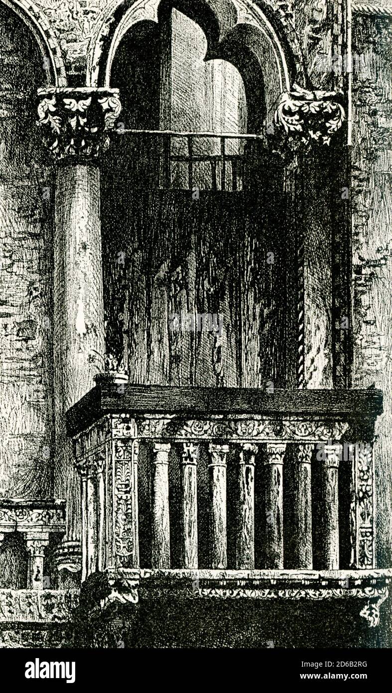 This illustration of a balcony in Campo at San Benedetto in Venice is from John Ruskin’s essay “The Seven Lamps of Architecture,” published in 1849. The Chiesa di San Benedetto (Church of Saint Benedict)  is a church in Venice, northern Italy. Generally known as San Beneto in the Venetian dialect, it is on the Campo San Benedetto in Venice. It was founded in the 11th century and rebuilt in 1685. San Beneto is in the parish of San Luca. John Ruskin was the leading English art critic of the Victorian era, as well as an art patron, draughtsman, watercolorist, philosopher, prominent social thinker Stock Photo