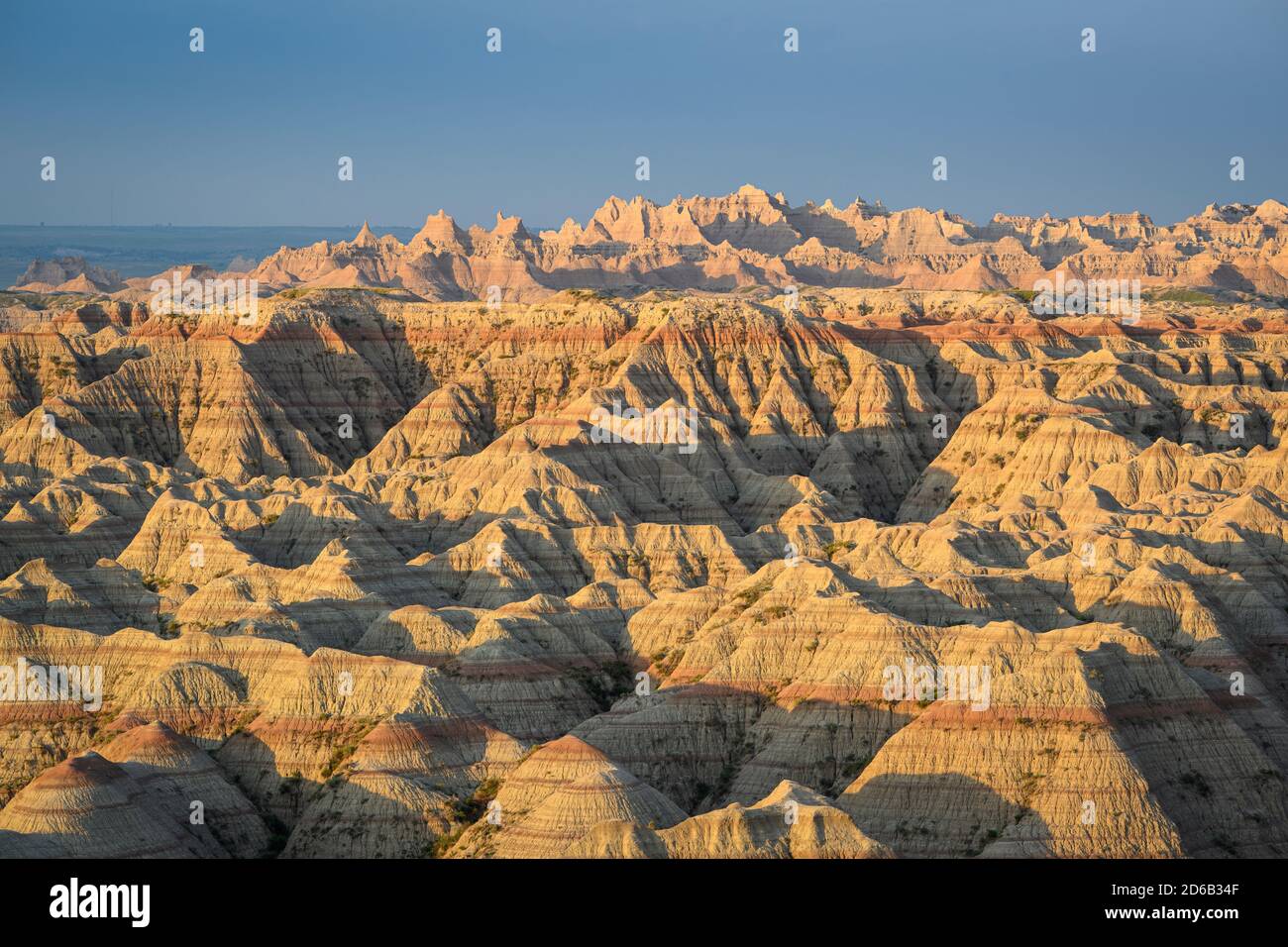 The view from Big Badlands Overlook in Badlands National Park, South Dakota. This view shows eastern portion of the Badlands wall and the characterist Stock Photo