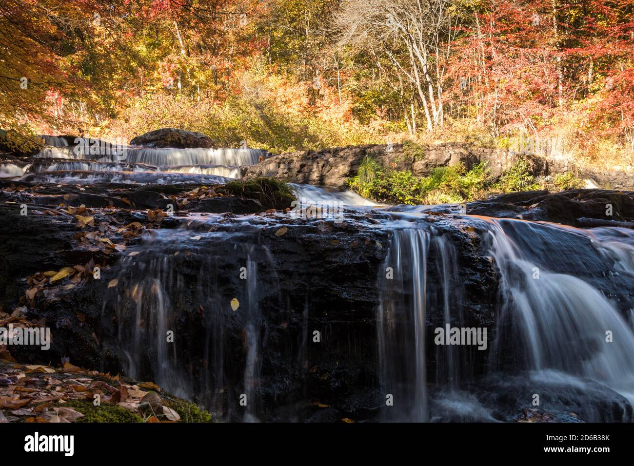 Peak fall foliage surrounds beautiful cascading Shohola Falls on an
