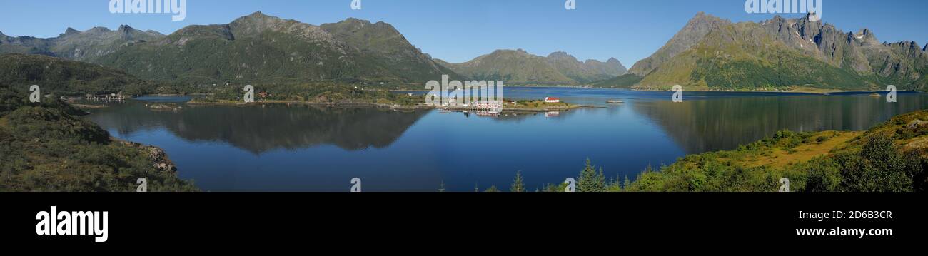 Panorama View To A Little Chapel On A Headland In Sildpollen Near Vestpollen On Lofoten Islands At Eidsfjord On A Sunny Summer Day With A Clear Blue S Stock Photo