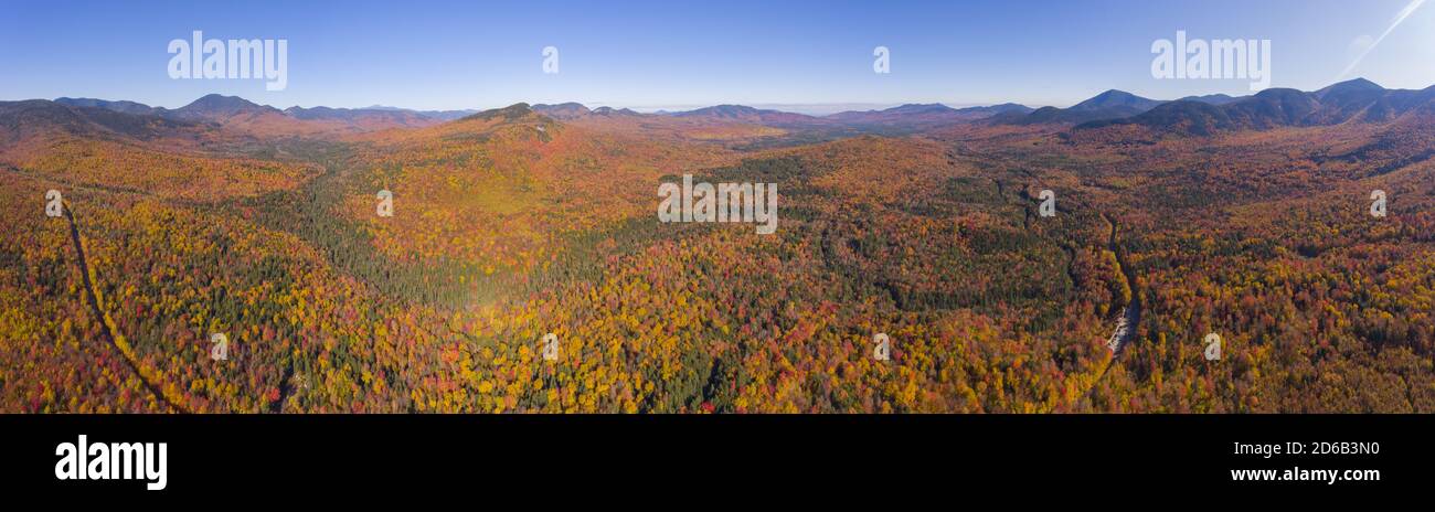 White Mountain National Forest fall foliage on Kancamagus Highway panorama aerial view near Sugar Hill Scenic Vista, Town of Lincoln, New Hampshire NH Stock Photo