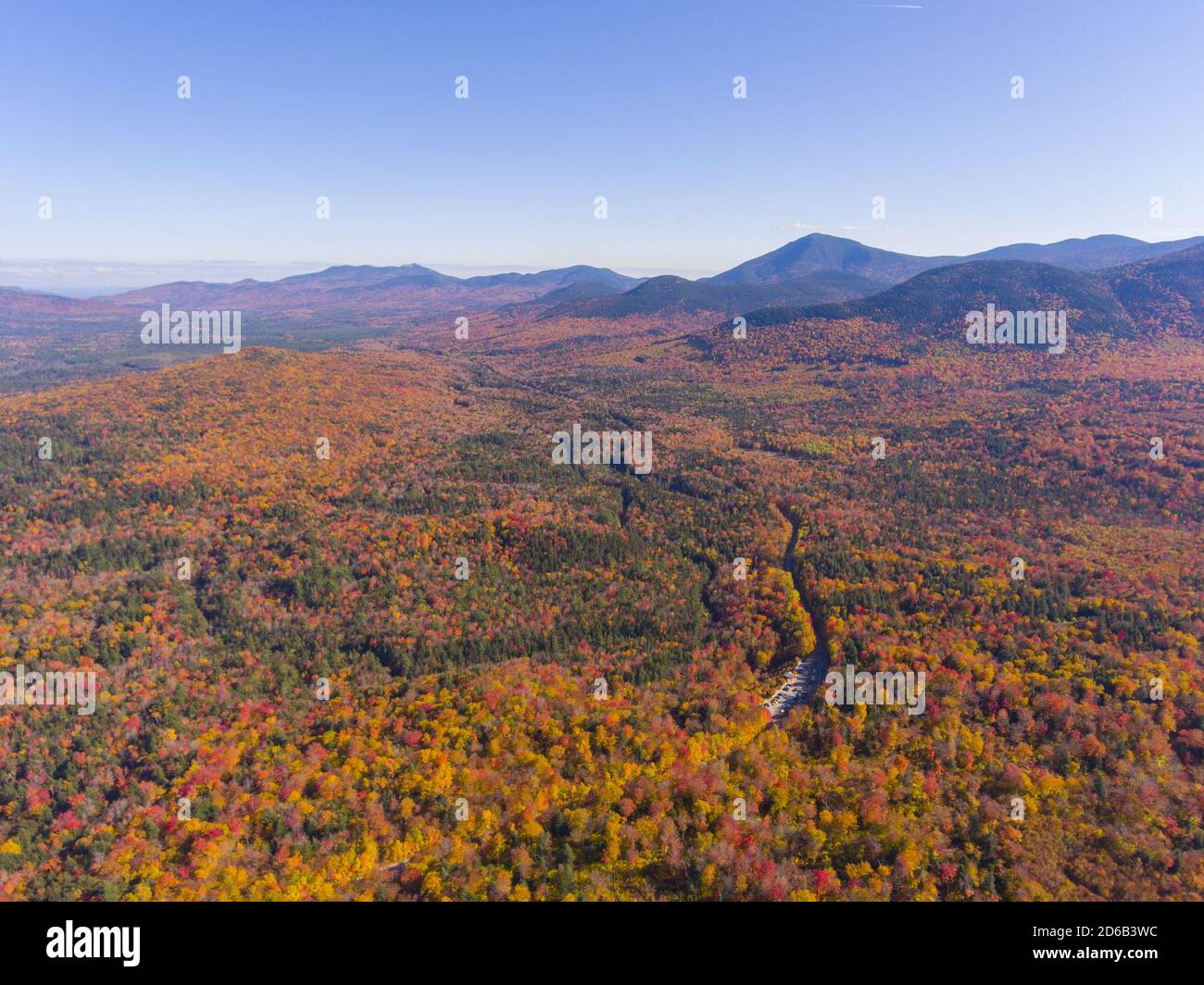 White Mountain National Forest fall foliage on Kancamagus Highway aerial view near Sugar Hill Scenic Vista, Town of Lincoln, New Hampshire NH, USA. Stock Photo