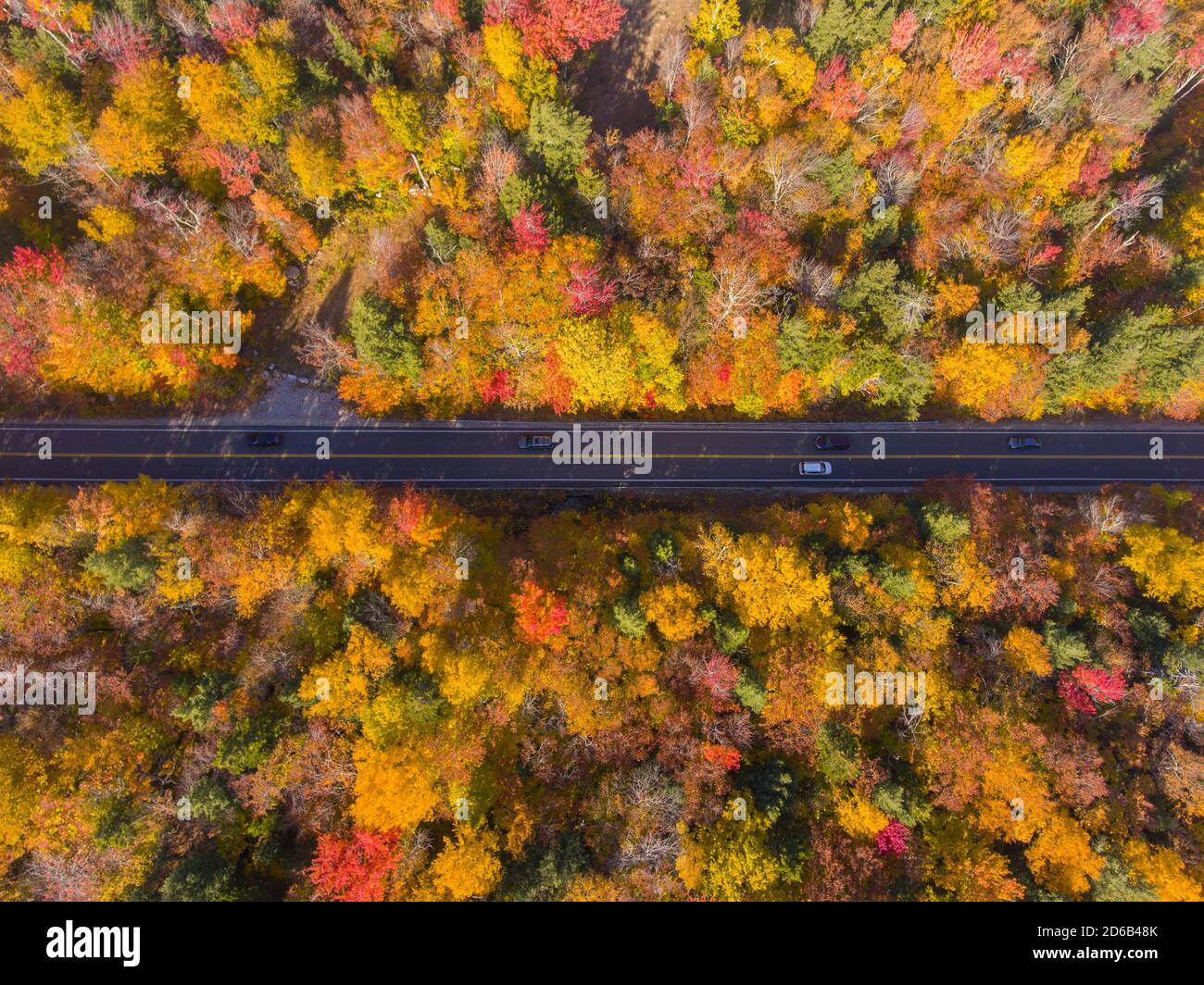 White Mountain National Forest fall foliage on Kancamagus Highway top view near Sugar Hill Scenic Vista, Town of Lincoln, New Hampshire NH, USA. Stock Photo