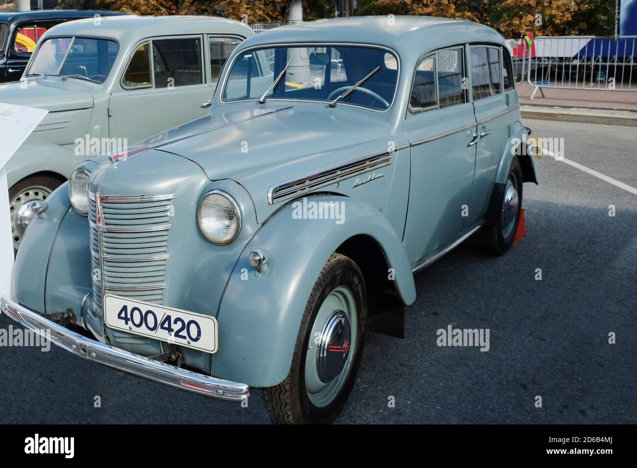 Restored old-fashioned soviet retro car. Vintage soviet retro automobile Moskvich-400 in the historical center of Moscow, Russia, Sept.2019 Stock Photo