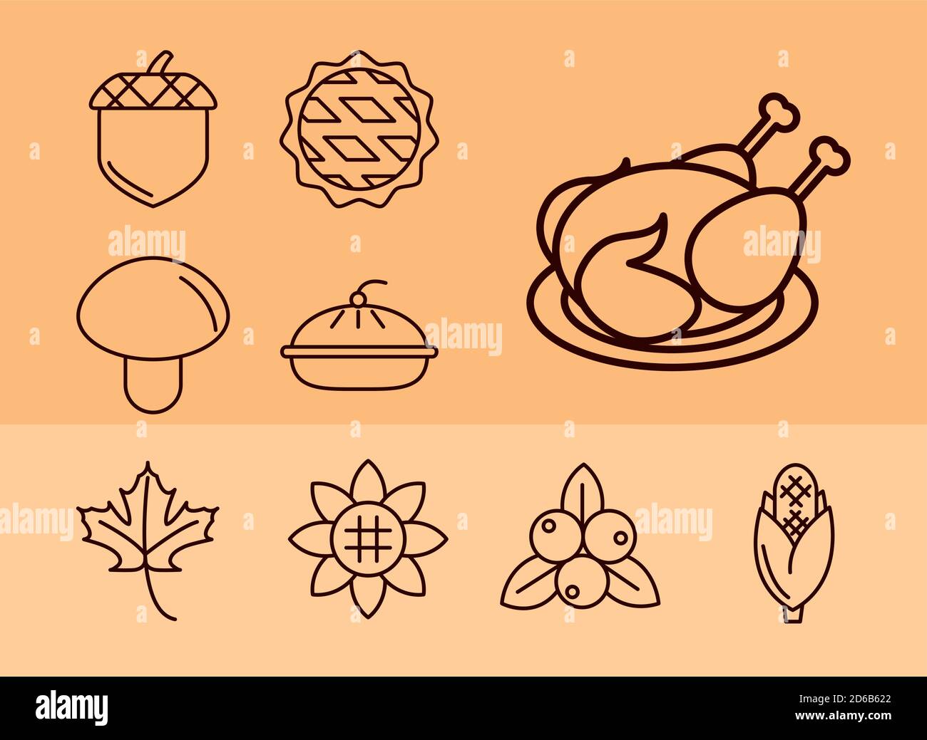 thanksgiving day, collection icons hat pumpkin tree acorn food vector ...