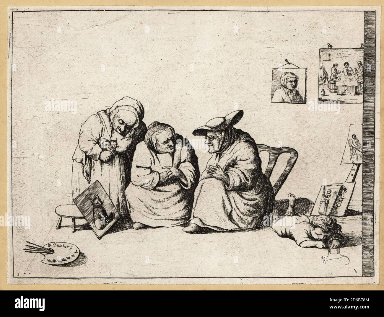 Connoisseurs of painting, 17th century. Three old women in caps look at a painting of a cat. With a palette and brushes, paintings on the wall and on an easel, and a child drawing on the floor. Copperplate engraving by David Deuchar after an original by from A Collection of Etchings after the most Eminent Masters of the Dutch and Flemish Schools, Edinburgh, 1803. Stock Photo
