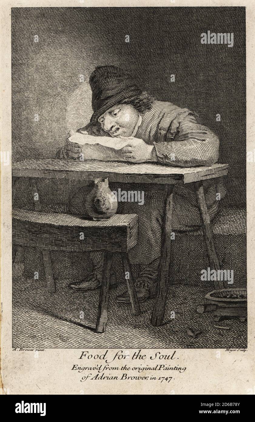 18th century Flemish peasant in cap reading a letter at a wooden table. Food for the Soul. Copperplate engraving by Thomas Major after an original by Adriaen Brouwer, 1747. From David Deuchar’s A Collection of Etchings after the most Eminent Masters of the Dutch and Flemish Schools, Edinburgh, 1803. Stock Photo