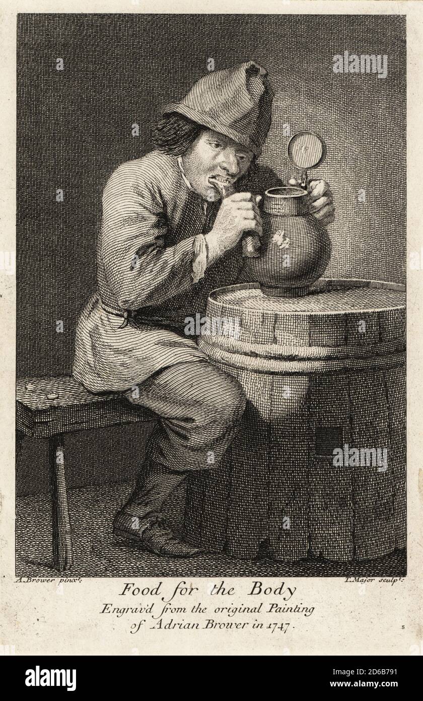 18th century Flemish peasant seated at a barrel table in a tavern, biting into a sausage, holding a stone jug. Food for the Body. Copperplate engraving by Thomas Major after an original by Adriaen Brouwer, 1747. Copperplate engraving from David Deuchar’s A Collection of Etchings after the most Eminent Masters of the Dutch and Flemish Schools, Edinburgh, 1803. Stock Photo
