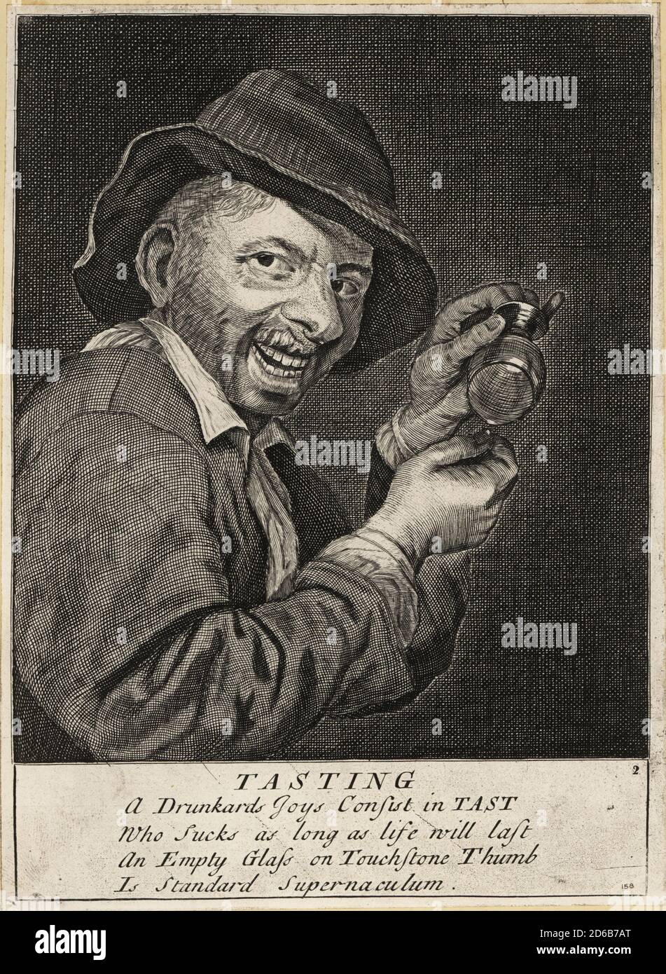 17th century English drunk playing a drinking game. He must drink more if the last drop from an empty glass covers the edge of his fingernail. Tasting. A drunkard’s joys consist in tast, Who sucks as long as life will last. An empty glass on touchstone thumb, Is standard supernaculum. Possibly from an original print in The merry conceited five senses, Robert Walton, 1661. Copperplate engraving by David Deuchar from A Collection of Etchings after the most Eminent Masters of the Dutch and Flemish Schools, Edinburgh, 1803. Stock Photo