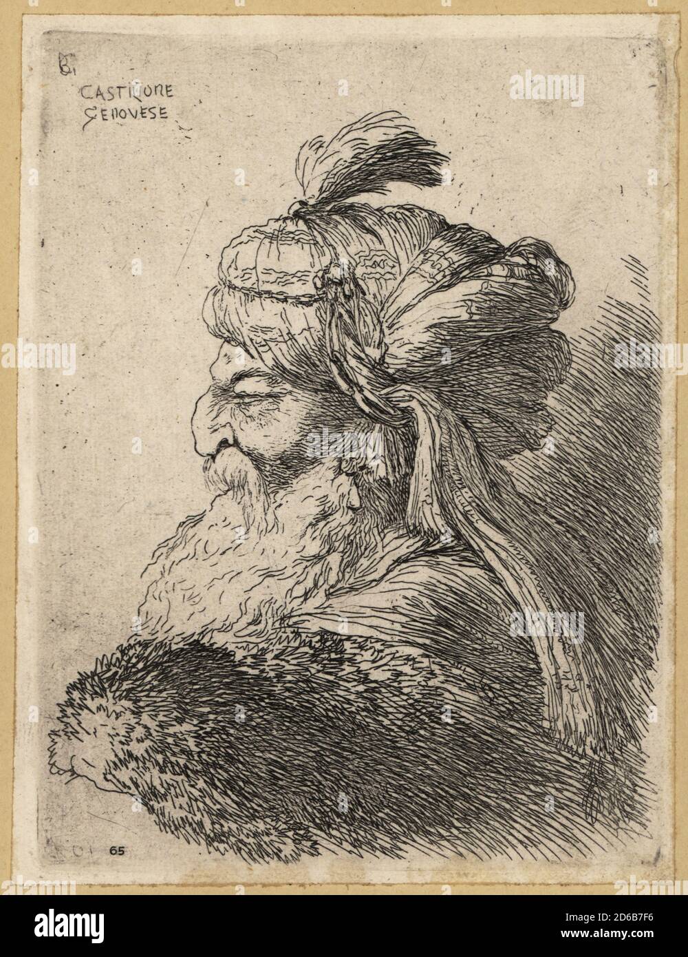 Bust of an old man with beard wearing a turban, in profile, 17th century. After an etching by Giovanni Benedetto Castiglione in his Heads in Oriental Headdress, 1648-50. Copperplate engraving by David Deuchar from A Collection of Etchings after the most Eminent Masters of the Dutch and Flemish Schools, Edinburgh, 1803. Stock Photo