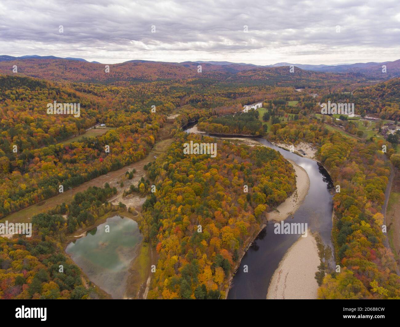 Pemigewasset River in White Mountain National Forest aerial view with