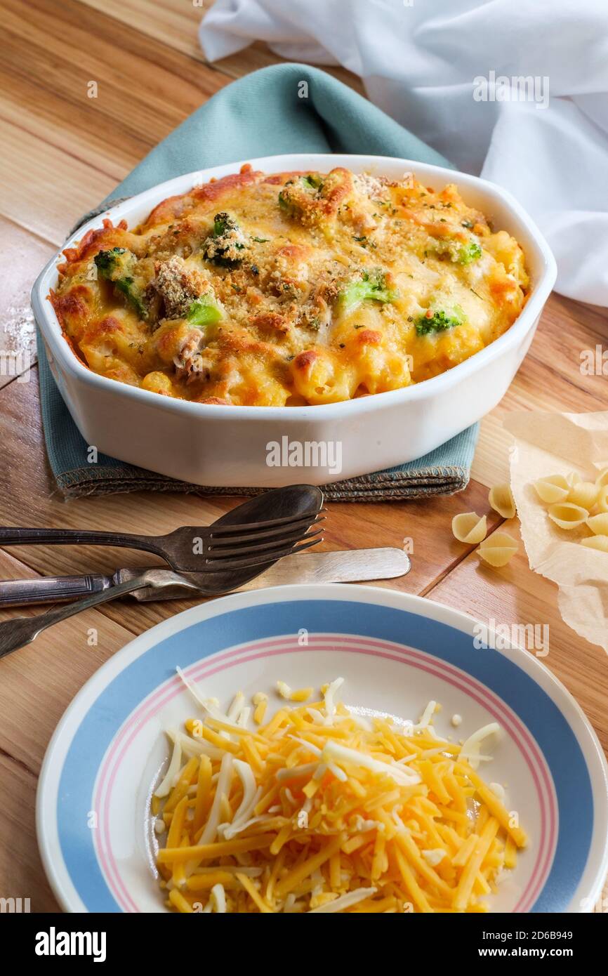 Baked American tuna fish casserole with broccoli and cheese Stock Photo