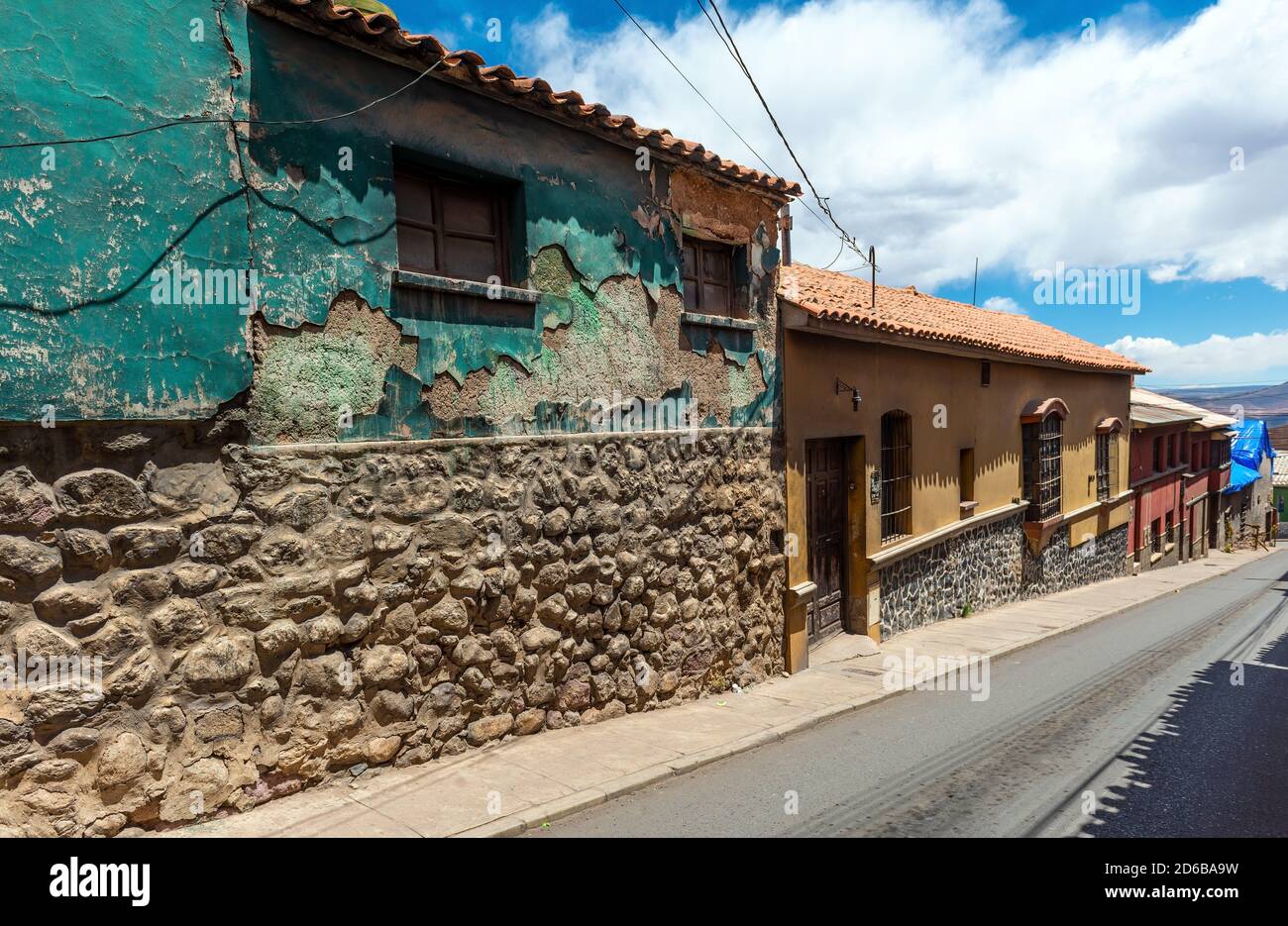 Street with colonial style facade architecture, Potosi, Bolivia. Stock Photo