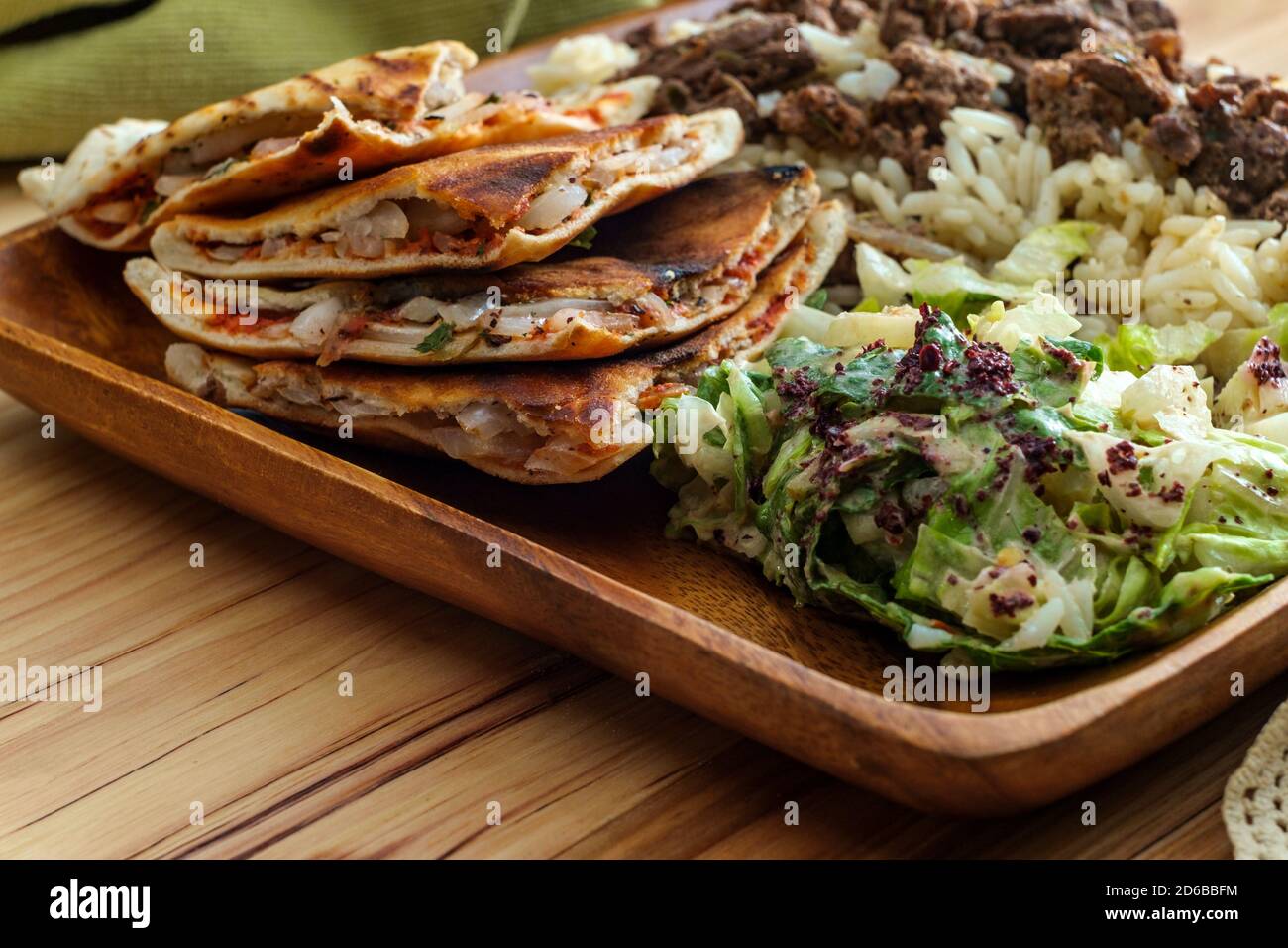 Authentic Middle Eastern veal Shawarma platter with vegetable ara'yes