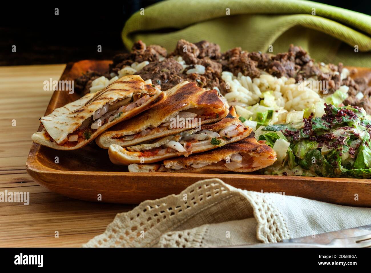 Authentic Middle Eastern veal Shawarma platter with vegetable ara'yes