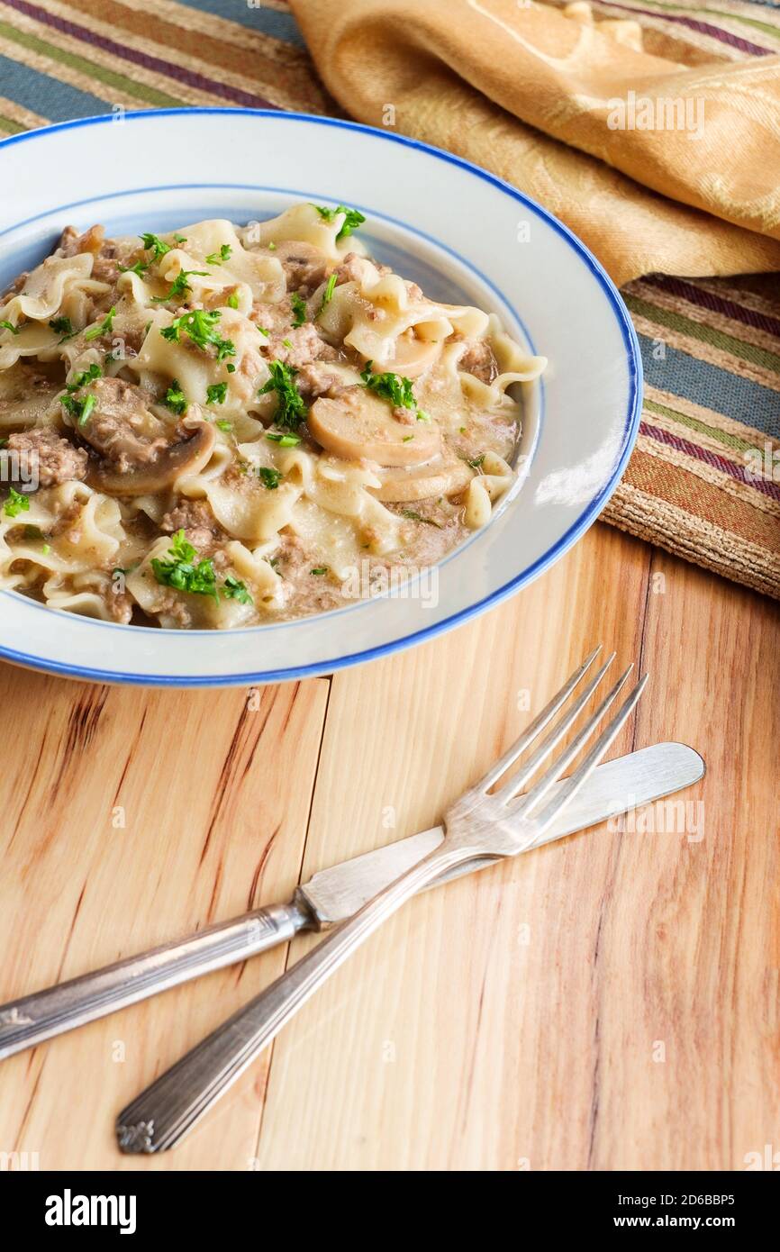 Creamy beef and mushroom stroganoff with egg noodles Stock Photo Alamy