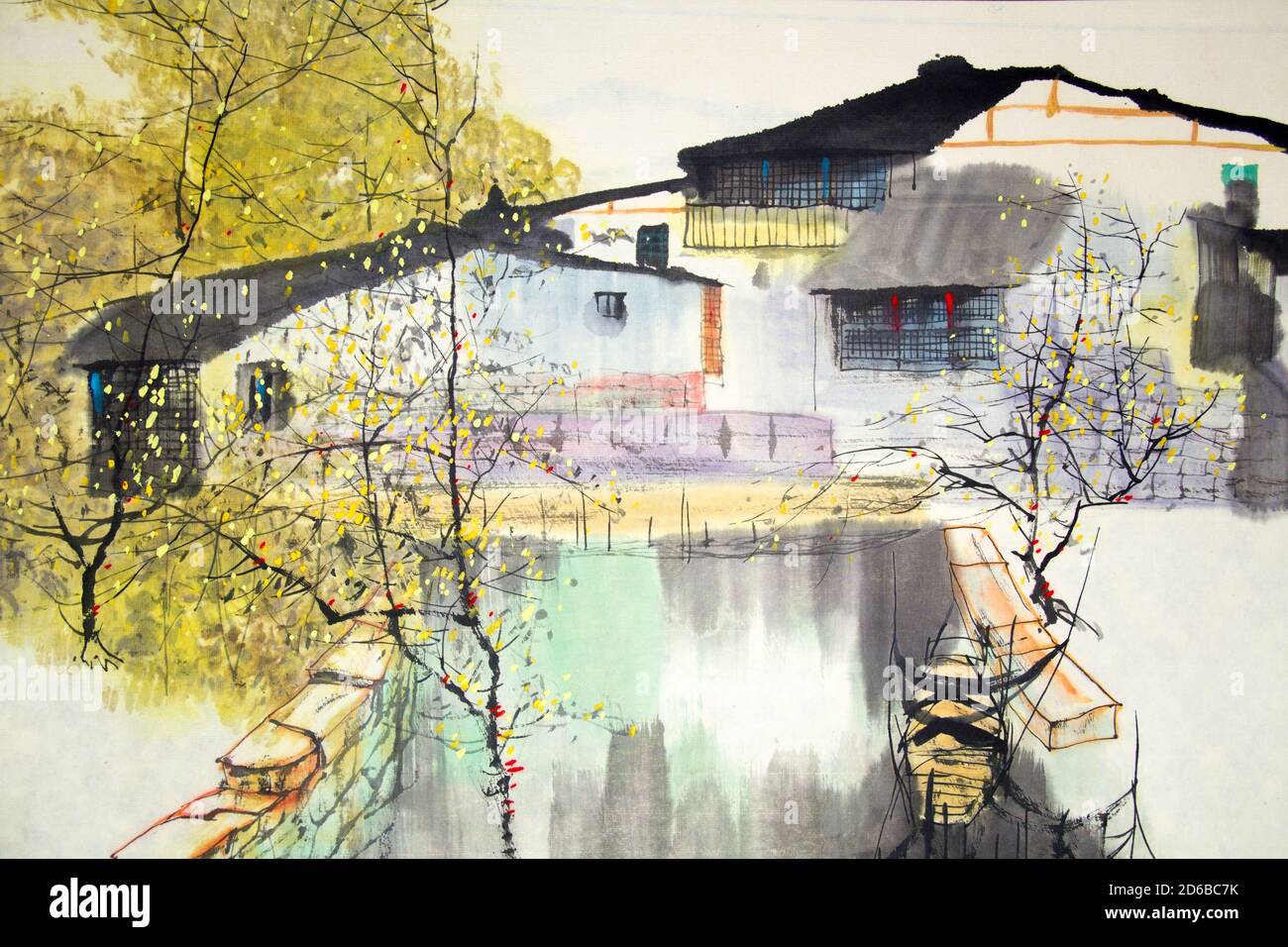 Chinese traditional painting of water house Stock Photo
