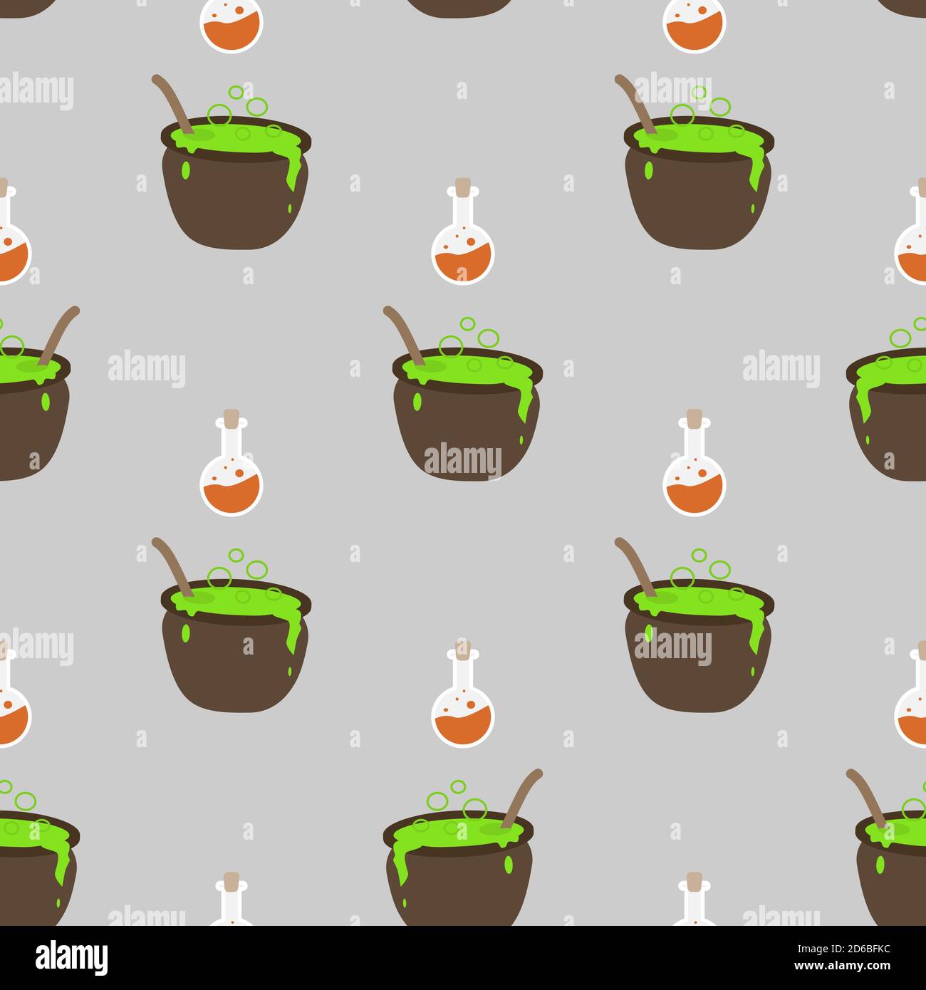Flat vector illustration. Halloween seamless pattern with witch cauldron, jars, poison. Use for internet, notepad, background, paper Stock Vector