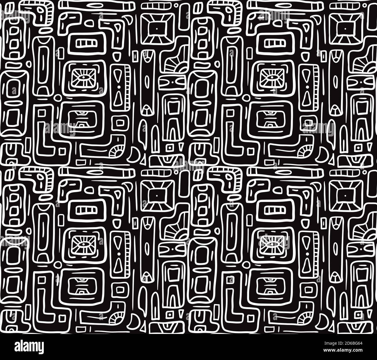 Seamless white tribal doodle pattern on black background. Boho pattern with rectangles. Vector texture for fabrics, wallpapers, cards and your design. Stock Vector
