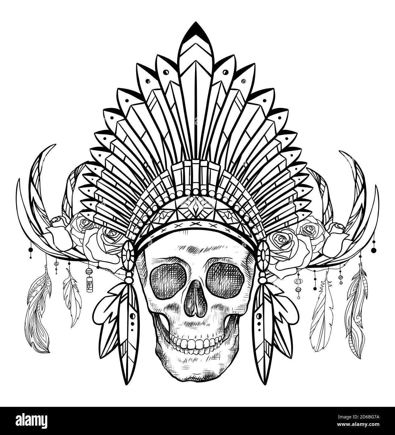 Black and white drawing of a human skull in a Native American hat with deer horns and roses. Front view. Tribal vector images for tattoos, printing on Stock Vector