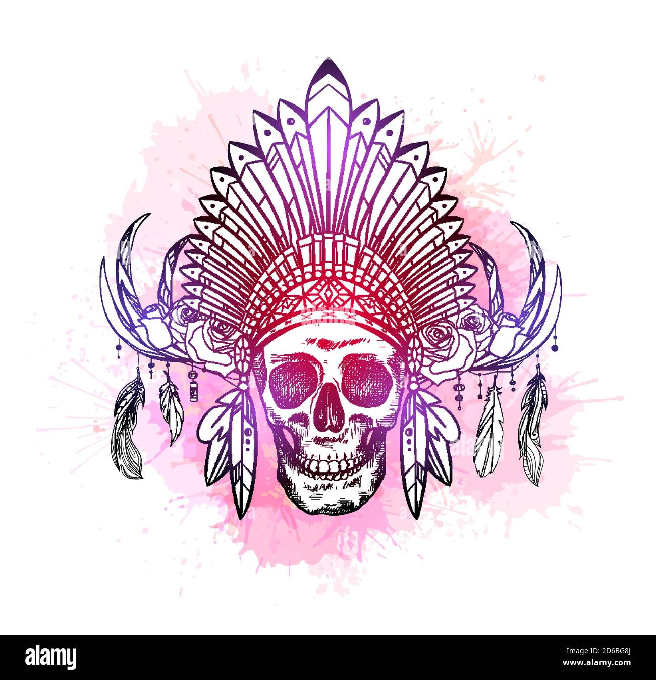 Drawing of human skull in Native American hat with deer horns and roses on pink watercolor splashes. Front view. Tribal vector images for tattoo, prin Stock Vector Image & Art - Alamy Drawing of human skull in Native American hat with deer horns and roses on pink watercolor splashes. Front view. Tribal vector images for tattoo, prin Stock Vector Image & Art - Alamy