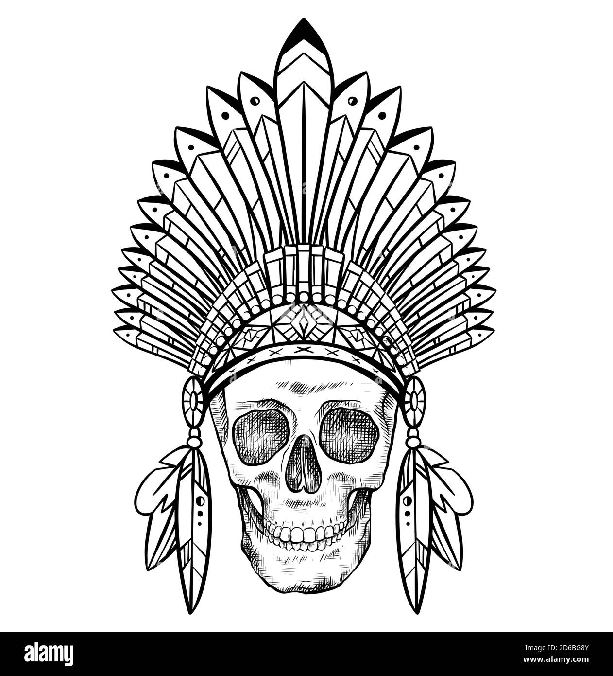 Black and white drawing of a human skull in a Native American hat. Tribal doodle picture. Front view. Tribal vector images for tattoos, printing on T- Stock Vector