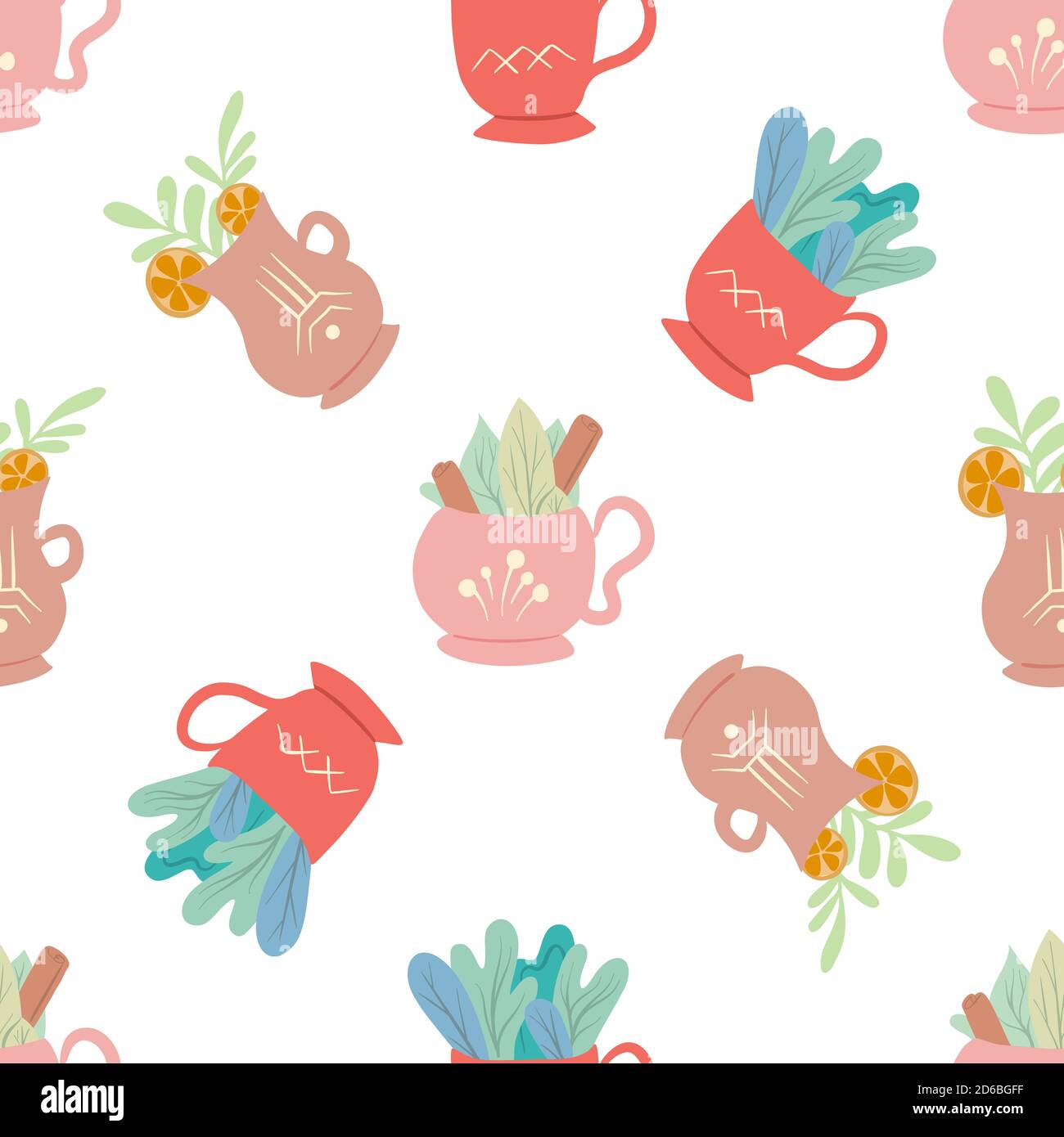 Seamless flat pattern with cups of tea with foliage, lemon and cinnamon ...