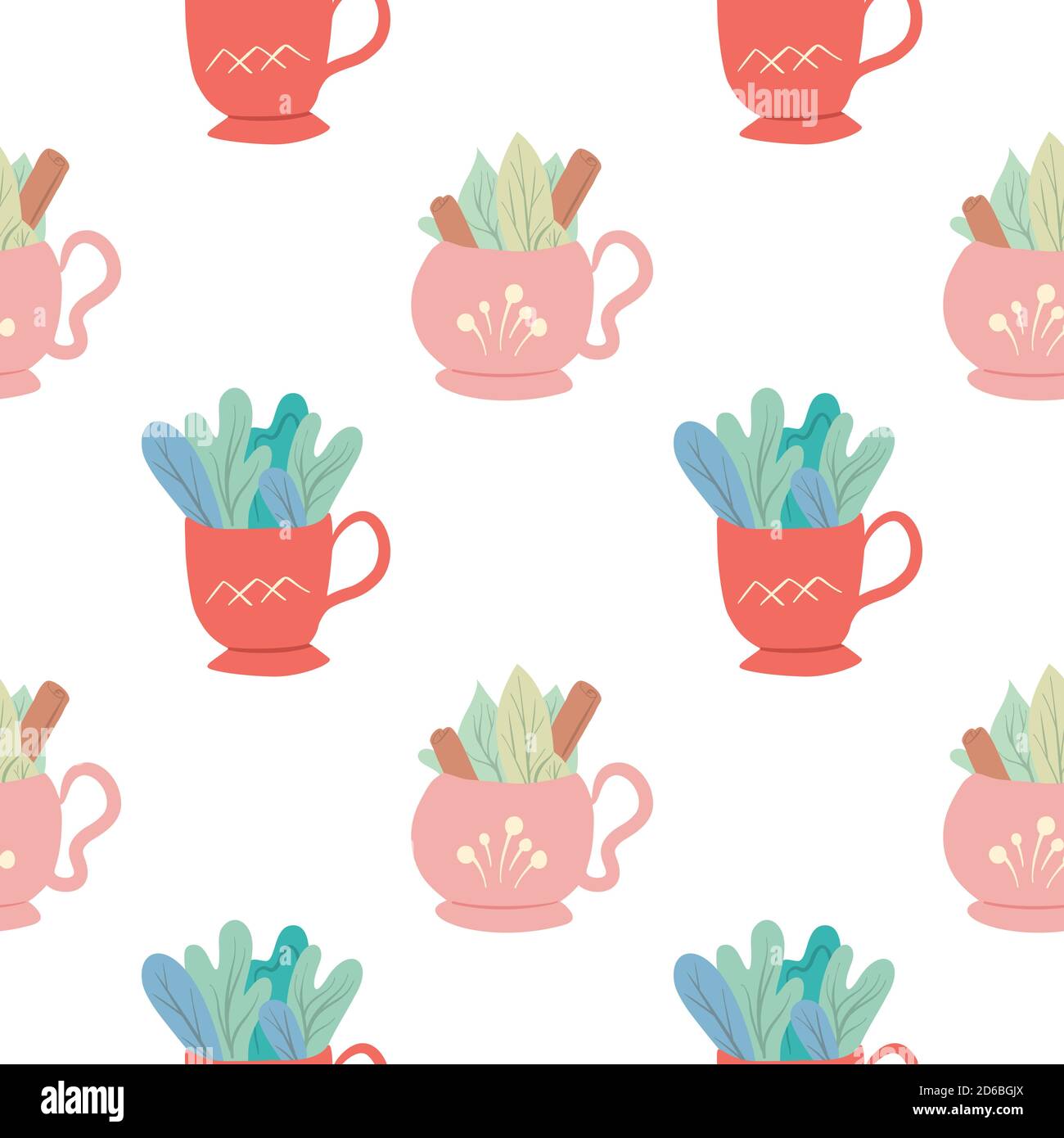 Seamless flat pattern with cups of tea with foliage and cinnamon on ...