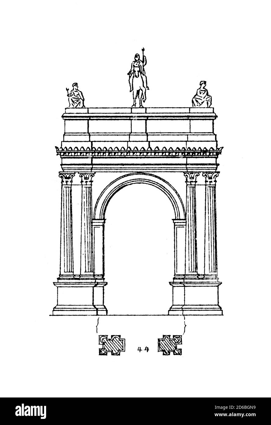 Antique engraving of the arch of the Sergii in Pula, Croatia. Illustration published in Vergleichende Architektonische Formenlehre by Carl Scholtze, L Stock Photo