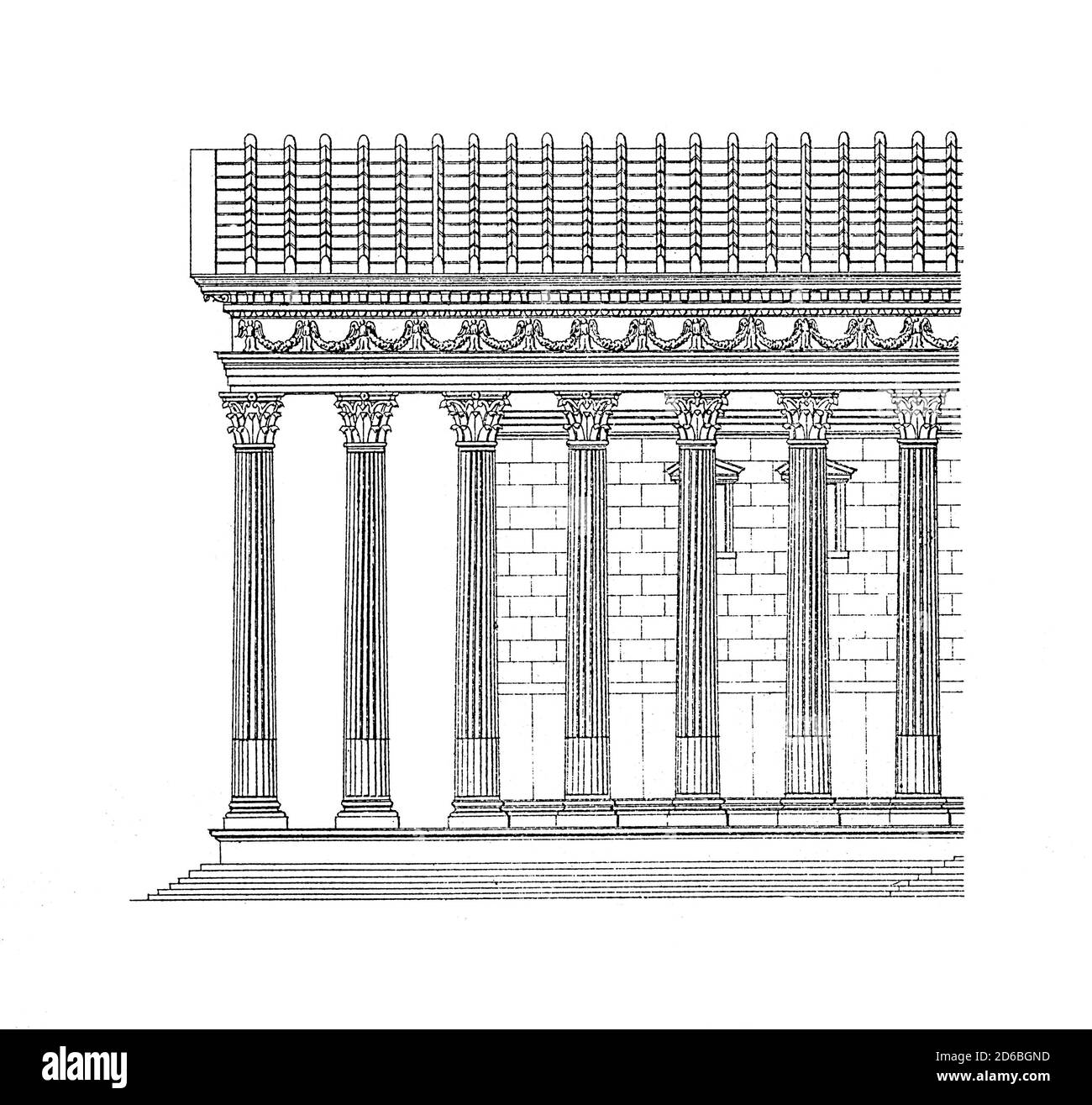 Antique 19th-century engraving of temple in Palmyra, Syria. Illustration published in Vergleichende Architektonische Formenlehre by Carl Scholtze, Lei Stock Photo