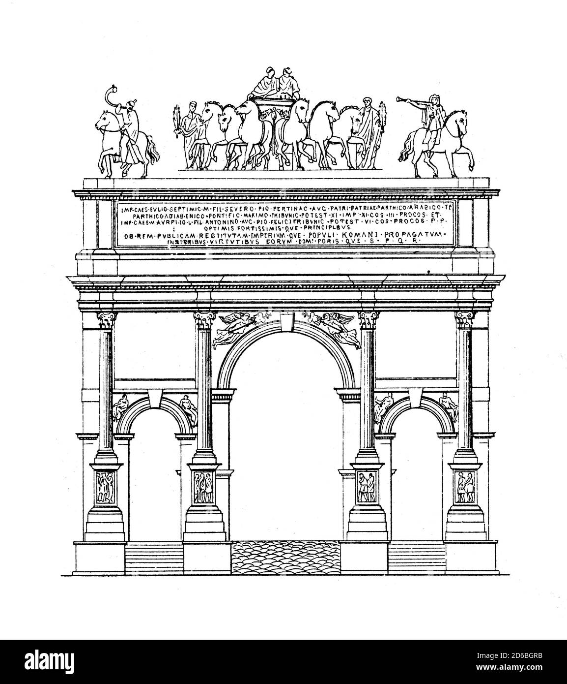Antique 19th-century illustration of the Arch of Septimius Severus in Rome. Engraving published in Vergleichende Architektonische Formenlehre by Carl Stock Photo