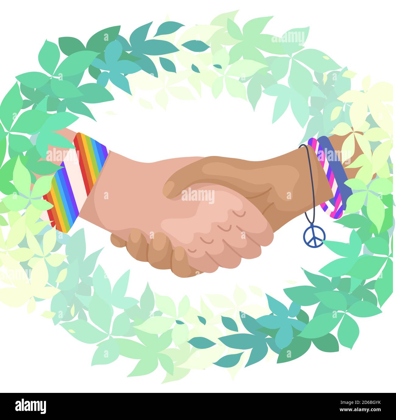 Vector flat illustration of shaking hands in green leaves branches.  International Friendship Day. Unity and recognition. Eco cartoon picture  for cards Stock Vector Image & Art - Alamy