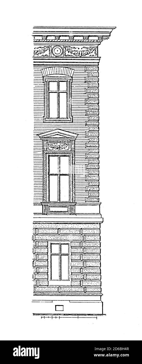 19th-century illustration depicting facade of a house, designed by Frederic Schachner (1870). Engraving published in Vergleichende Architektonische Fo Stock Photo
