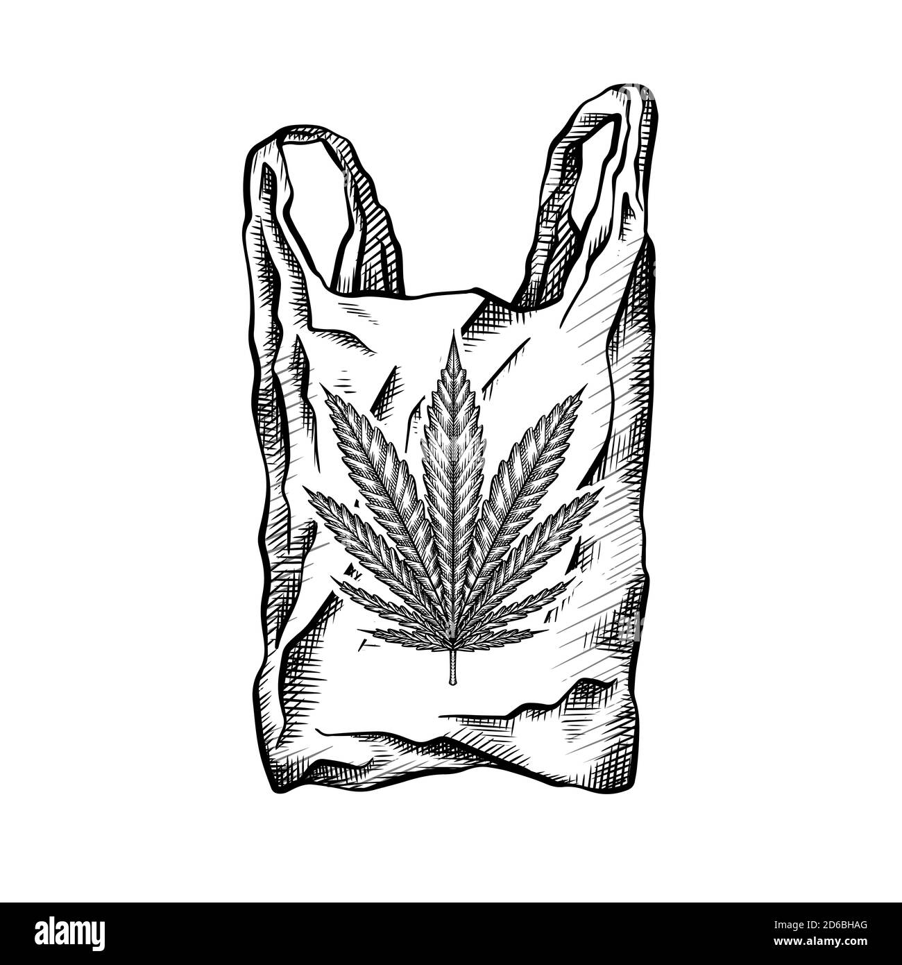 Nature bag with hatching and marijuana leaf. Eco friendly bag zero waste. Recycled waste. Ecological problem. Vector black and white drawing for your Stock Vector