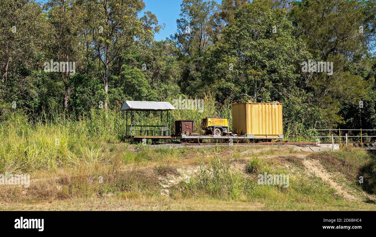 Mackay, Queensland, Australia - May 2020: A rail maintenance unit standing idle on a country railway line Stock Photo