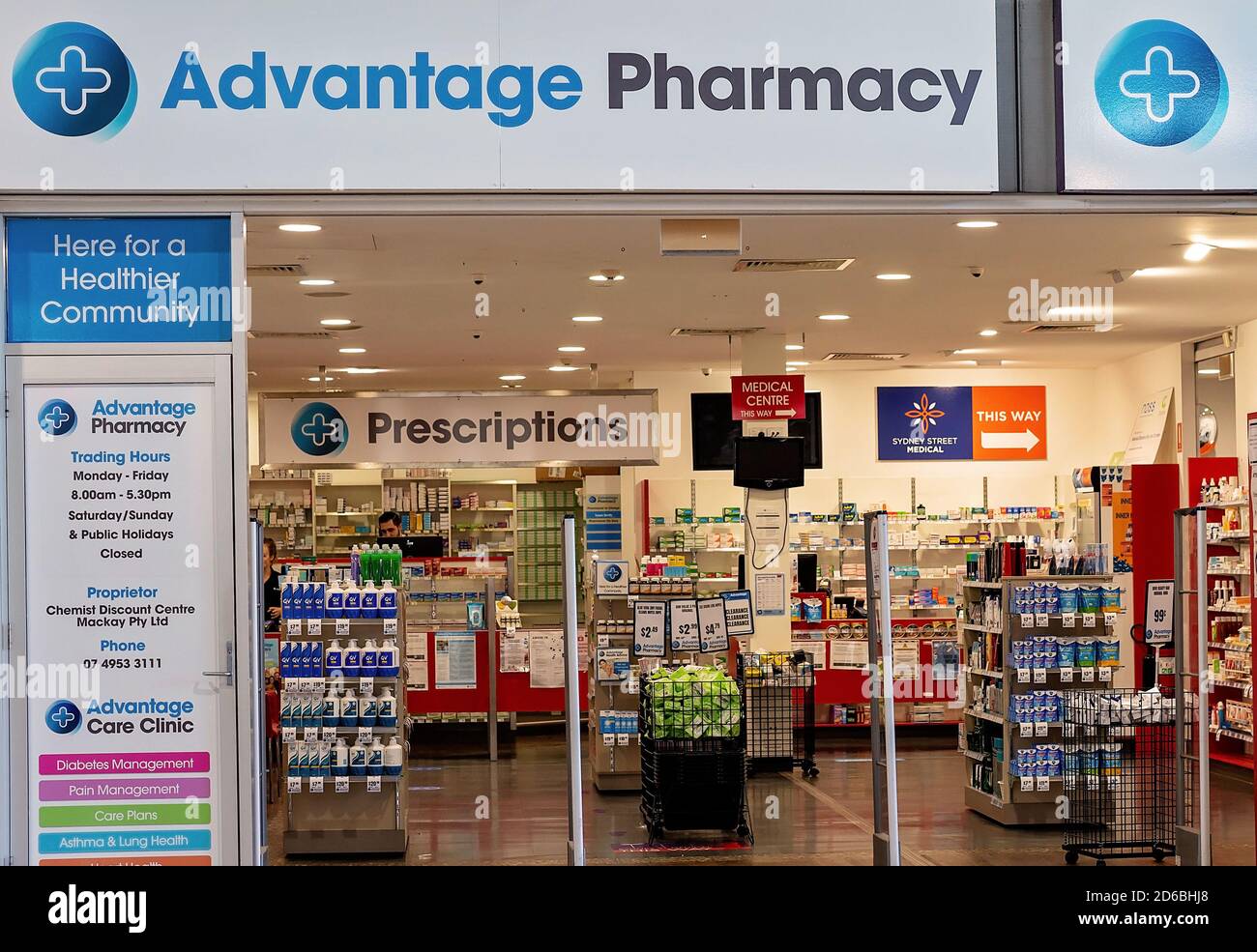 Mackay, Queensland, Australia - June 2020: A pharmacy, also known as a chemist shop, open for business Stock Photo