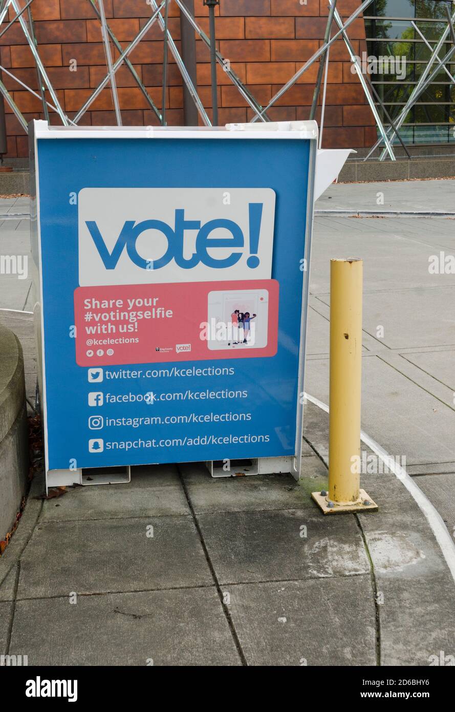 A Ballot drop box sits outside City Hall in Redmond, Washington.  Washington state adopted statewide mail-in-voting in 2011. Stock Photo