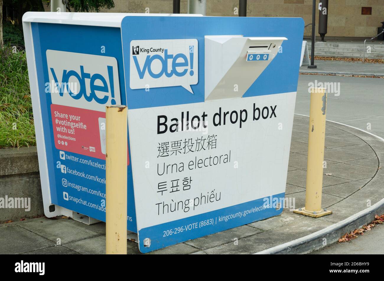A Ballot drop box sits outside City Hall in Redmond, Washington.  Washington state adopted statewide mail-in-voting in 2011. Stock Photo
